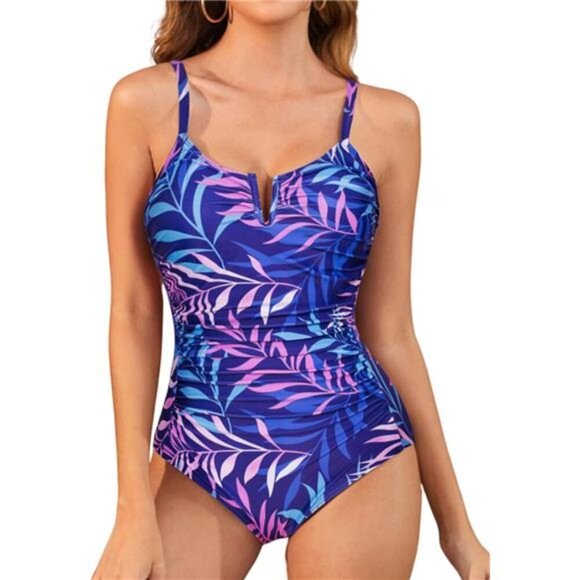 Women's Tummy Control One Piece Swimsuit V Wire Adjustable Strap Bathing Suit - Picture 1 of 6